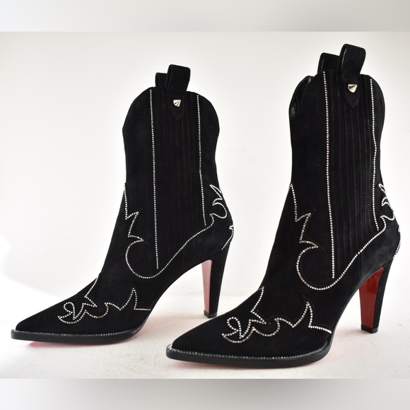 Christian Louboutin Santigag Strass 85 Black Suede Western Ankle Heel Boot 40 - Picture 14 of 16